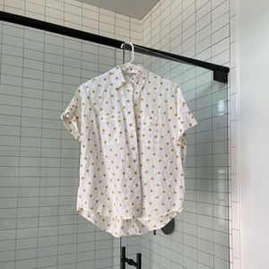 Madewell white button down shirt with yellow sun bursts detail